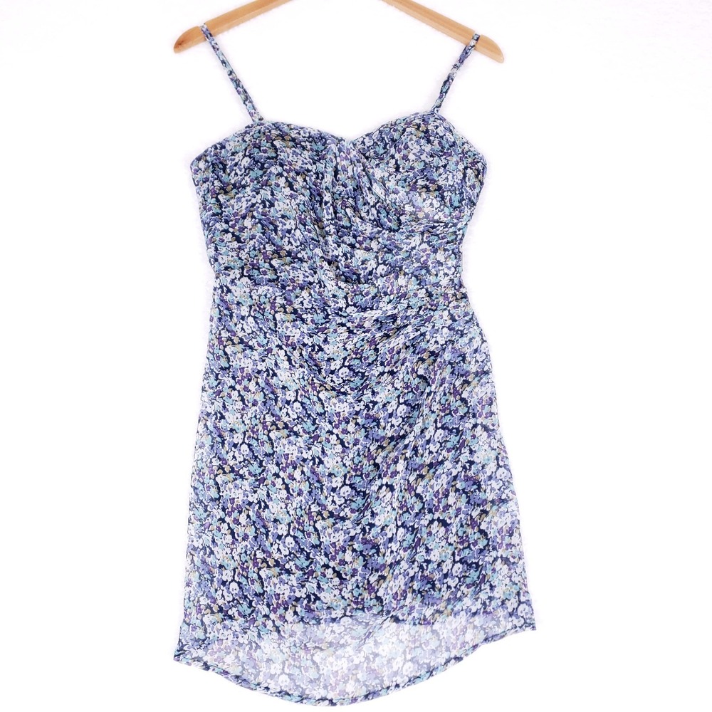 Wildcat Floral Silk‎ Blend Ruched Mini Dress Blue Purple Sleeveless M Y2K Chic